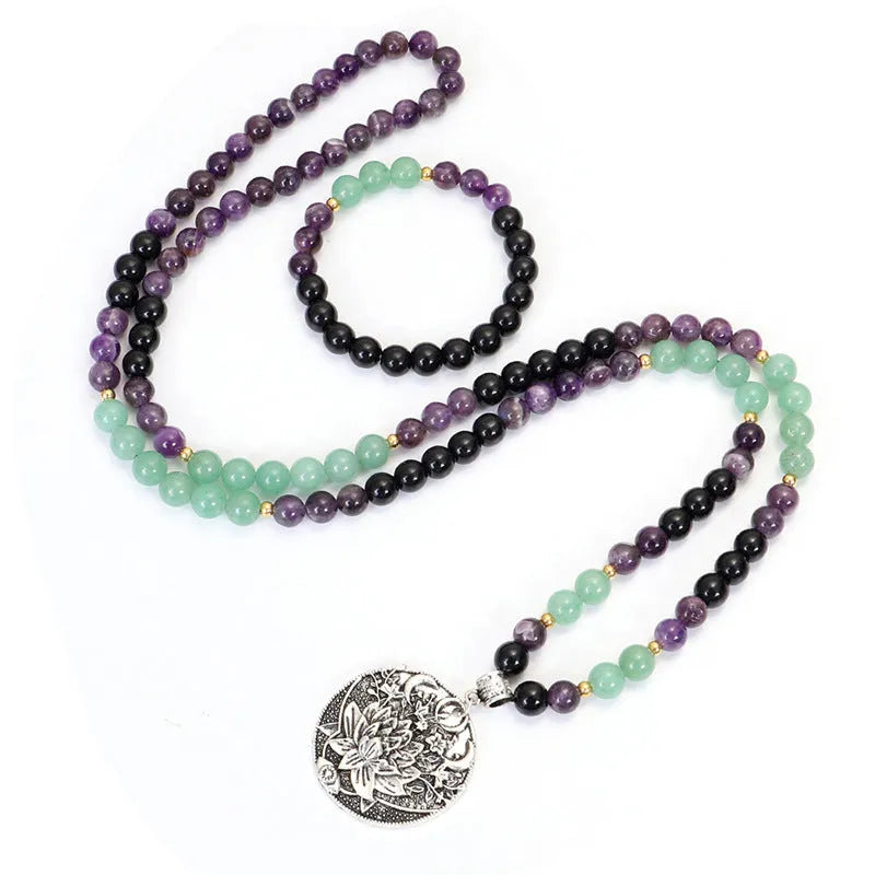 Donglong yoga lotus pendant necklace and bracelet set with stone beads