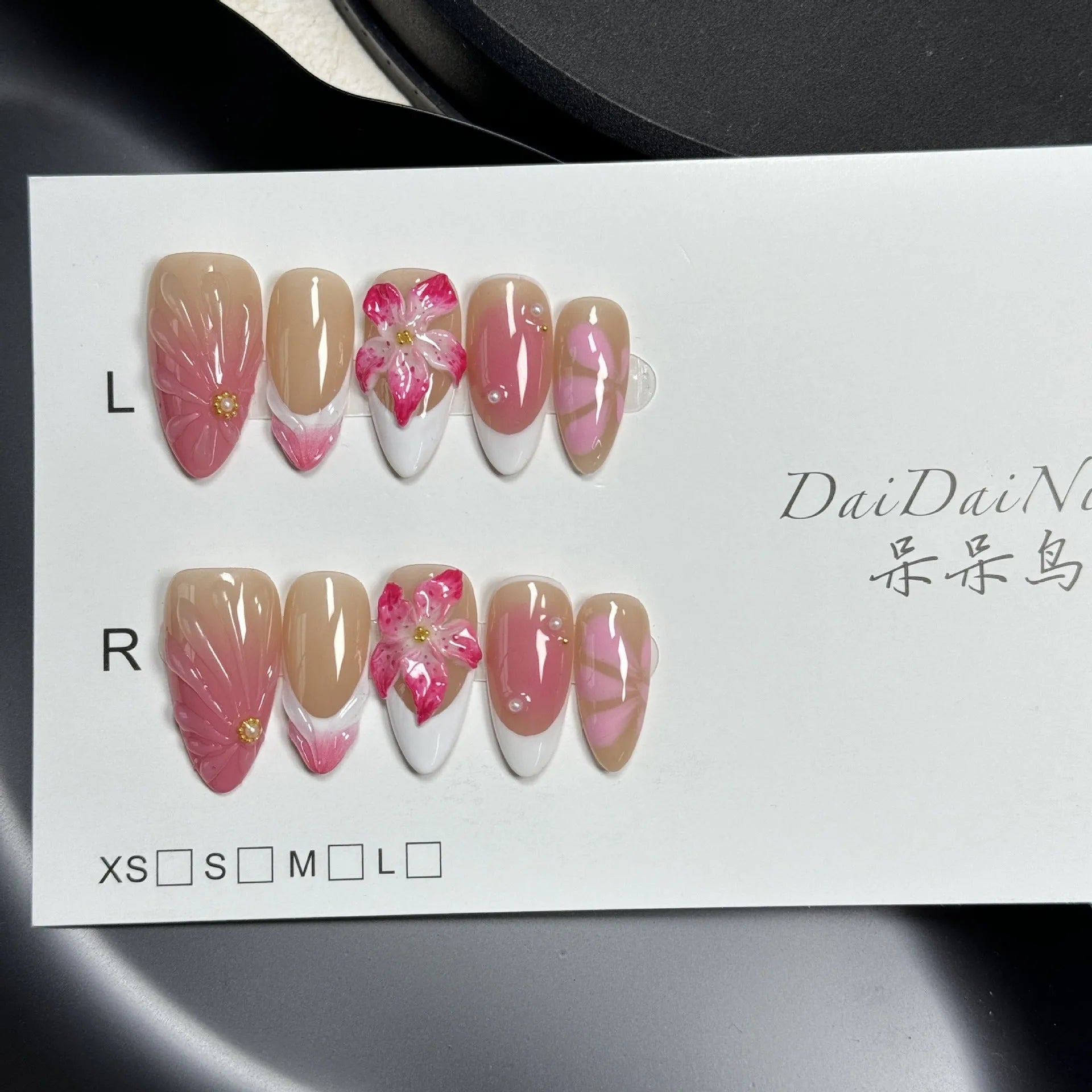 French style false nails with three-dimensional lily ice flower decoration in almond shape