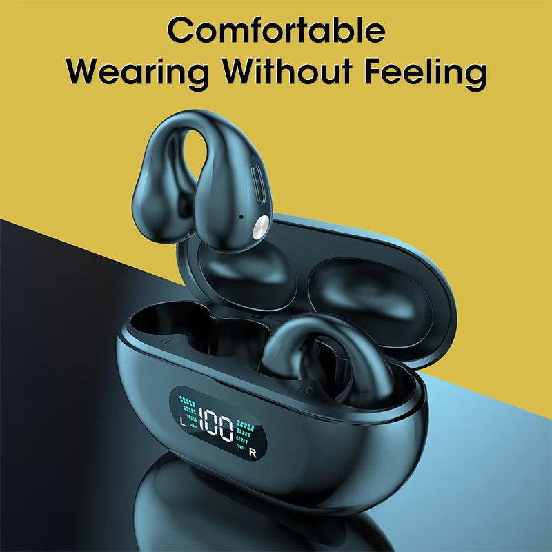 Bone conduction Bluetooth headset with ear clip in black, white, or khaki colour options.