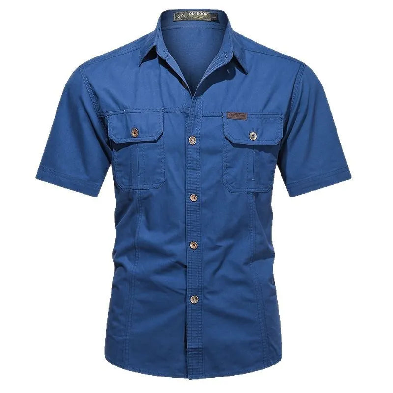 Men's short sleeve cotton work shirt in loose fit cardigan style showing non-ironing construction