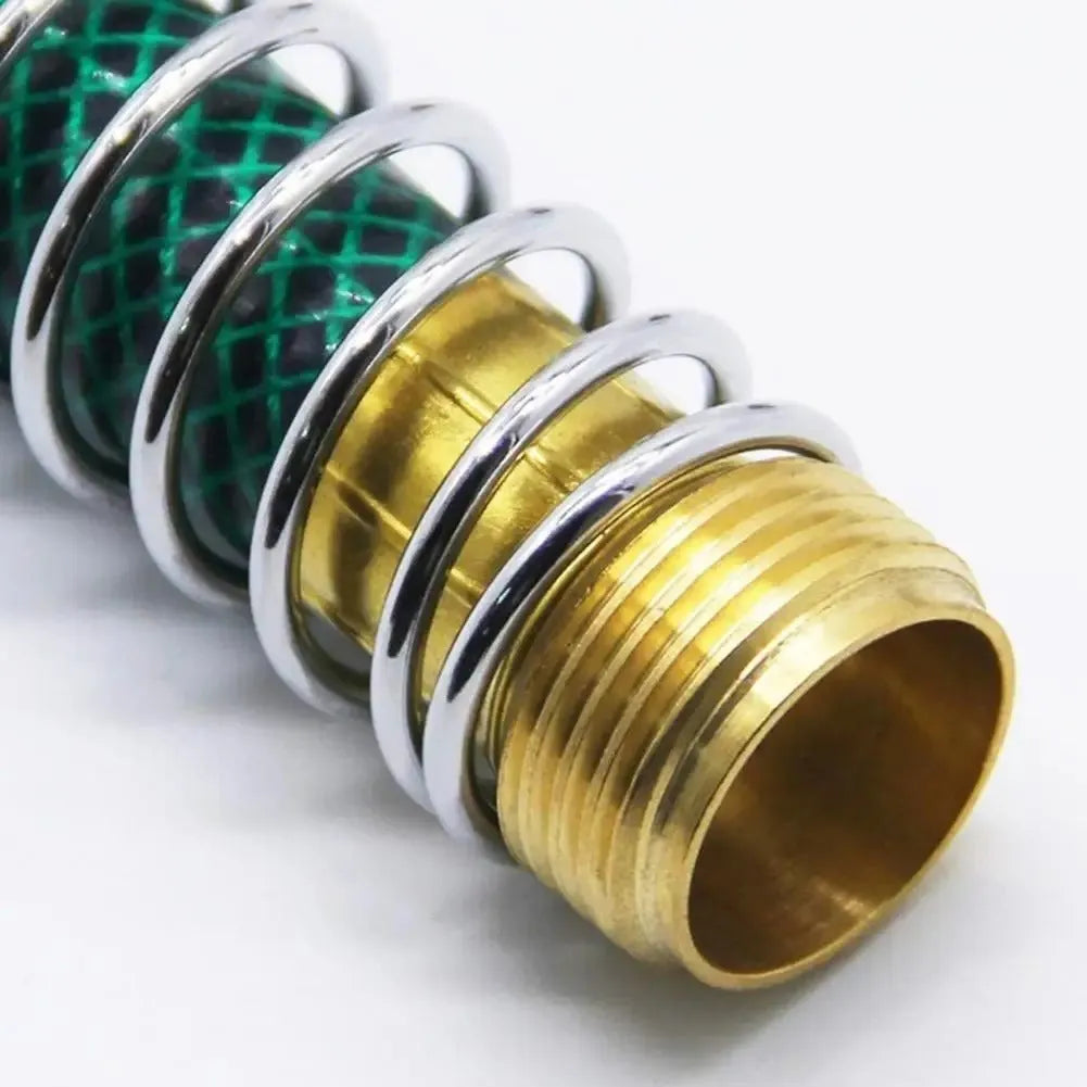 Garden hose spring connector with brass threaded joints and spiral spring mechanism