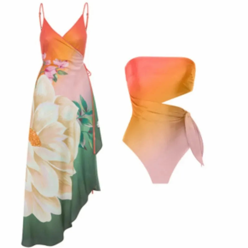 Women's retro floral print one-piece swimsuit on a mannequin, showing front and back detail.