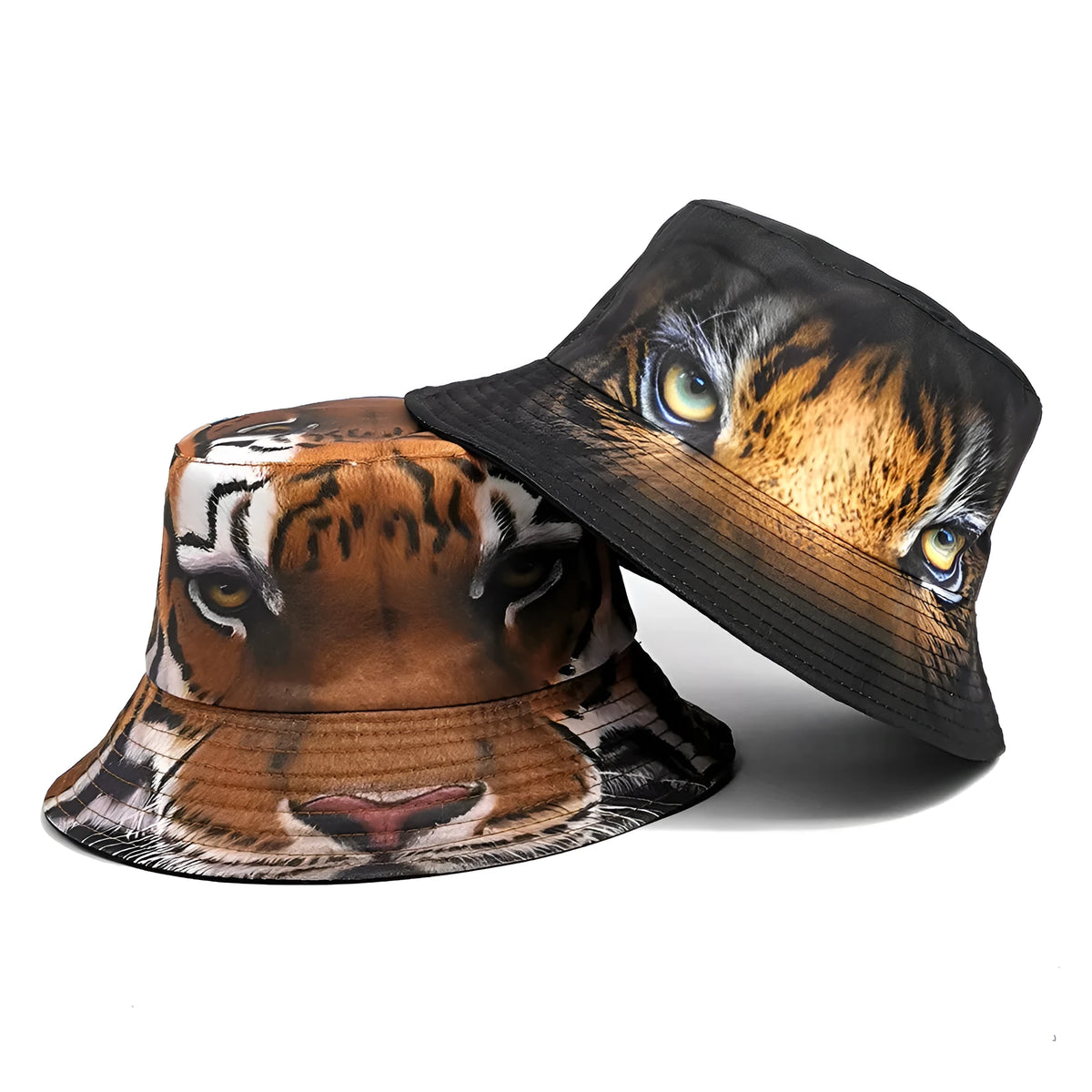 Tiger pattern polyester bucket hat with dome crown in khaki or black colour, size M fits 56-58cm