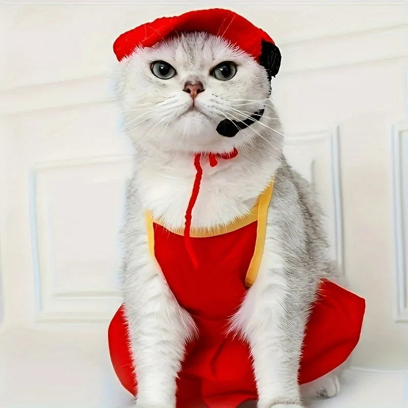 Handmade cotton knitted chef hat pet costume for small to medium-sized cats and dogs