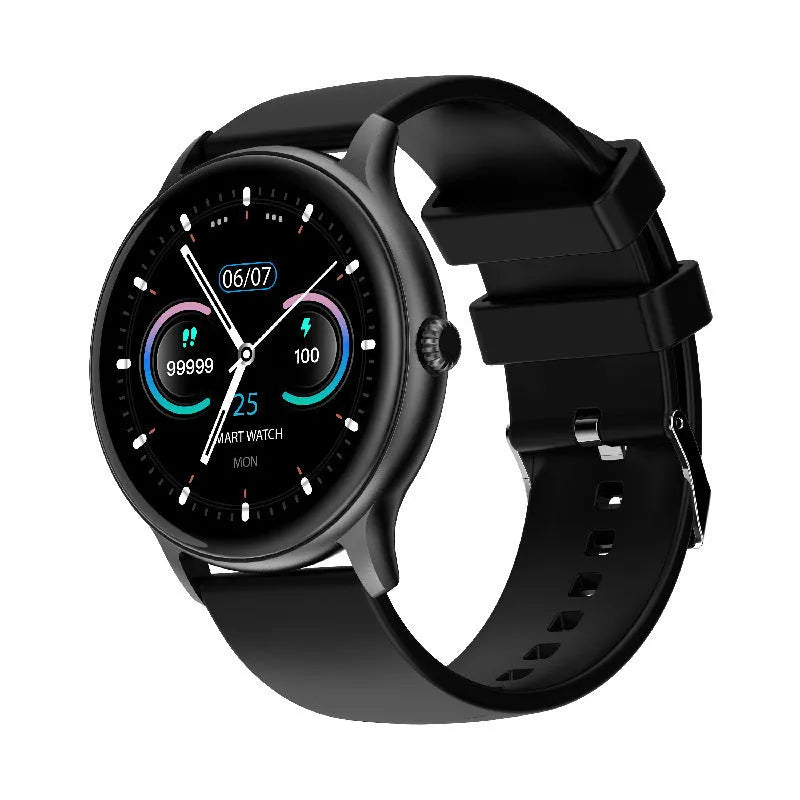 Black smart sports watch with blood pressure monitoring on a wrist, showing a 1.28-inch touch screen display.