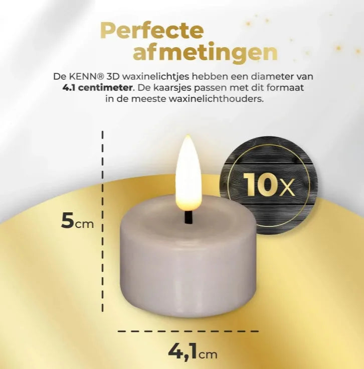 Taupe coloured S10 LED tealight candle with realistic 3D flame effect, shown next to a ruler indicating 4.1 cm width.