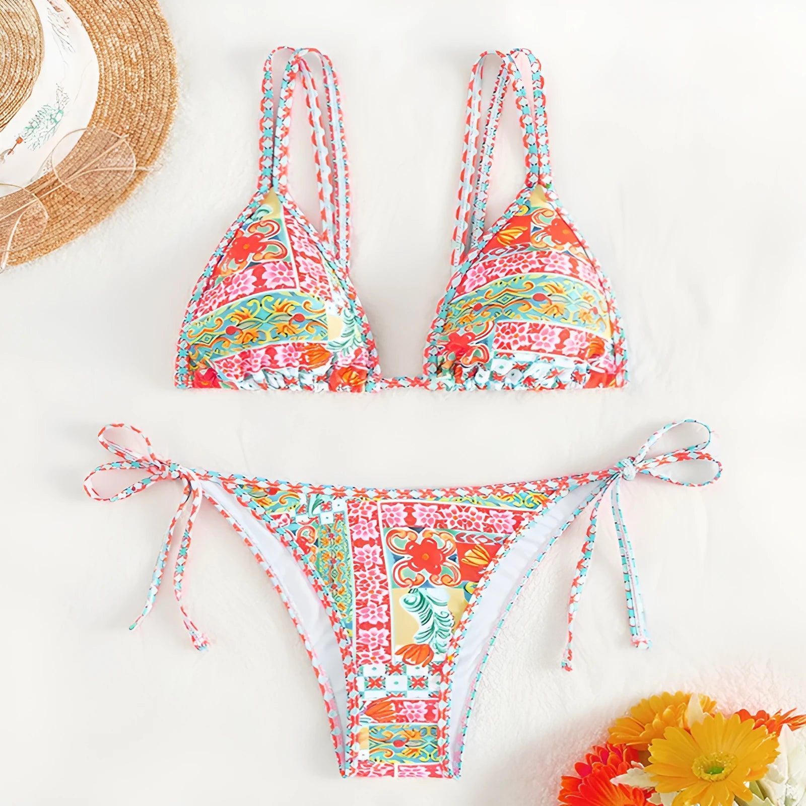 Women's lace-up split swimsuit with backless design in picture colour, shown as bikini set