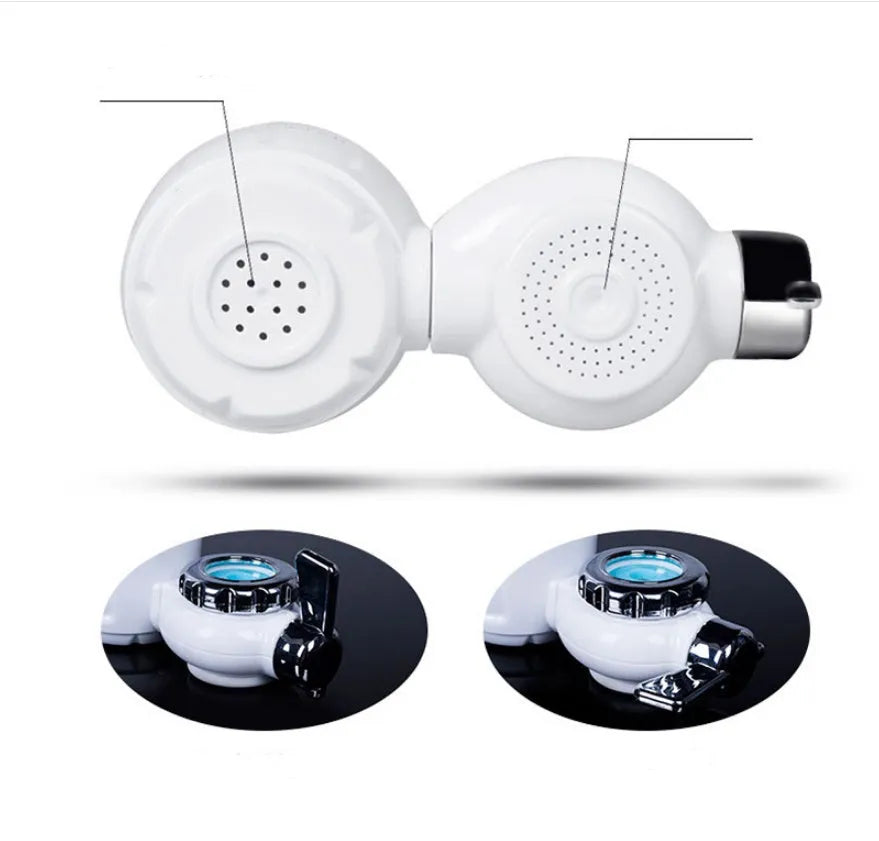 White plastic faucet water filter with adapter kit and ceramic cartridge for kitchen tap installation.