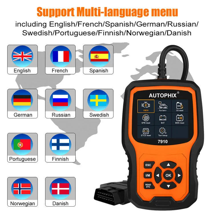 Autophix 7910 BMW diagnostic scanner OBD2 tool with display showing fault codes