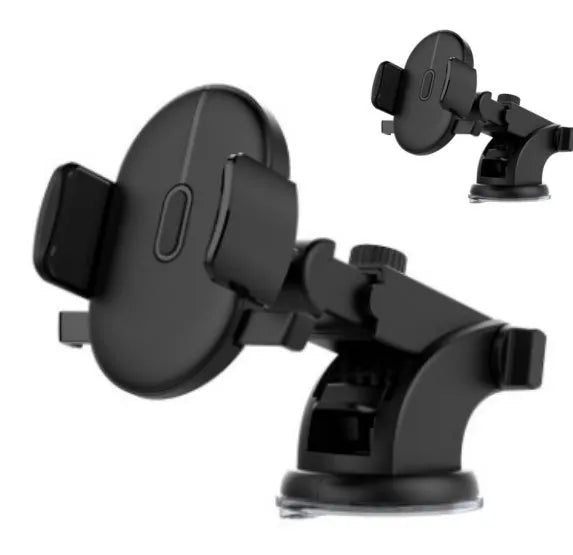 Yellow and black telescopic car phone holder with suction cup mounted on a car dashboard