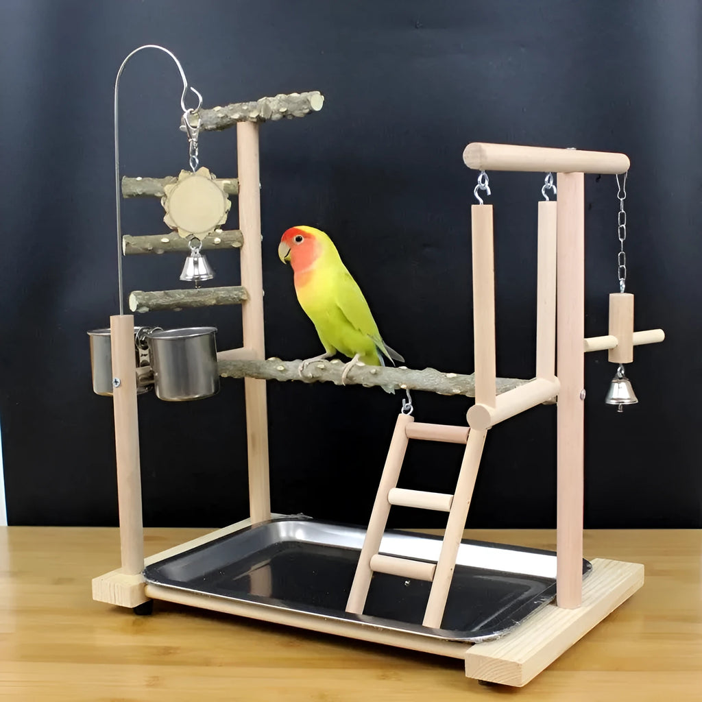 Natural pepper wood parrot toy stand pole with mounting points for bird accessories.