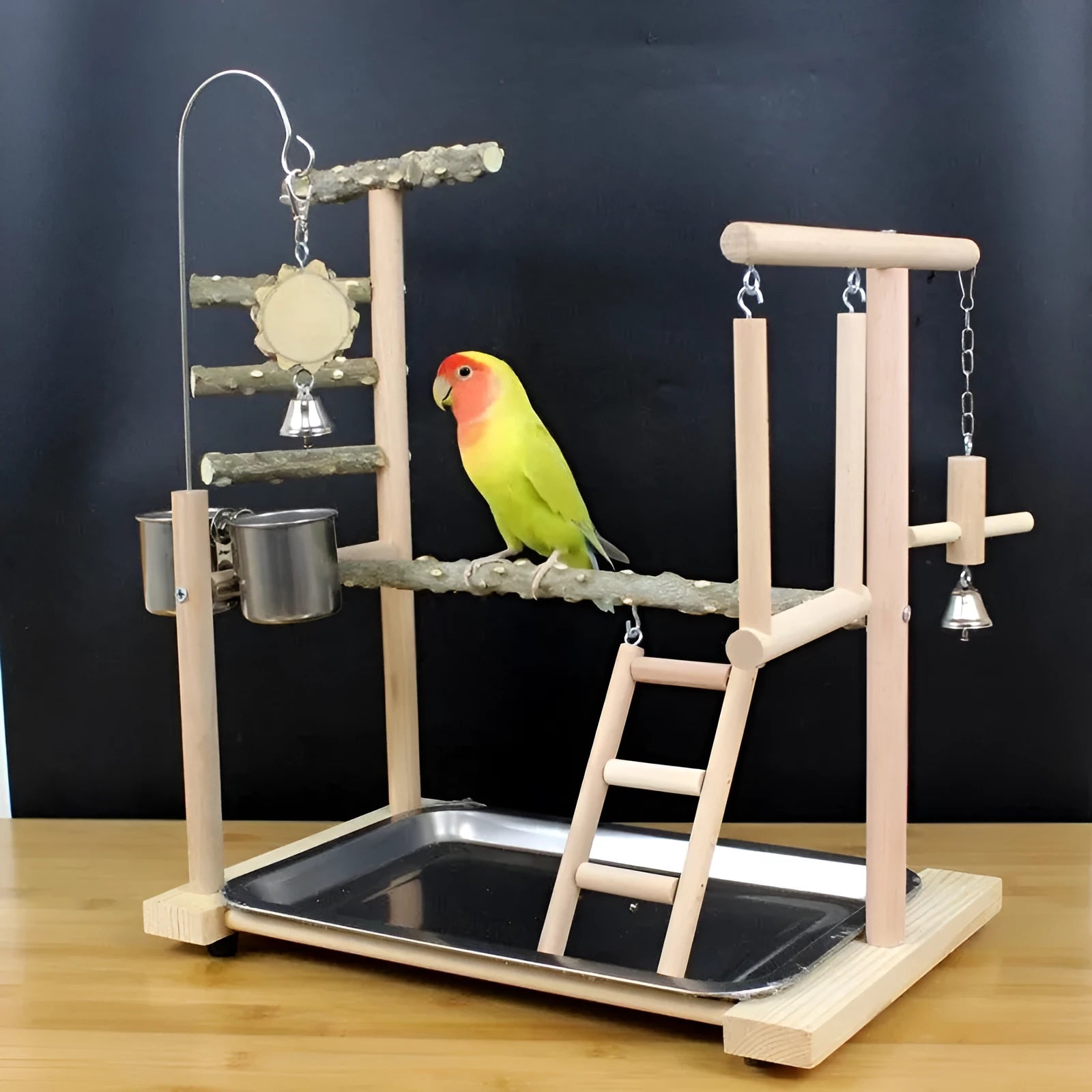 Natural pepper wood parrot toy stand pole with mounting points for bird accessories.