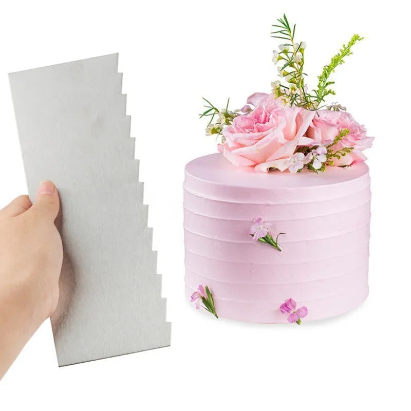 Set of six stainless steel cake scrapers with polygon patterns for professional cake decorating