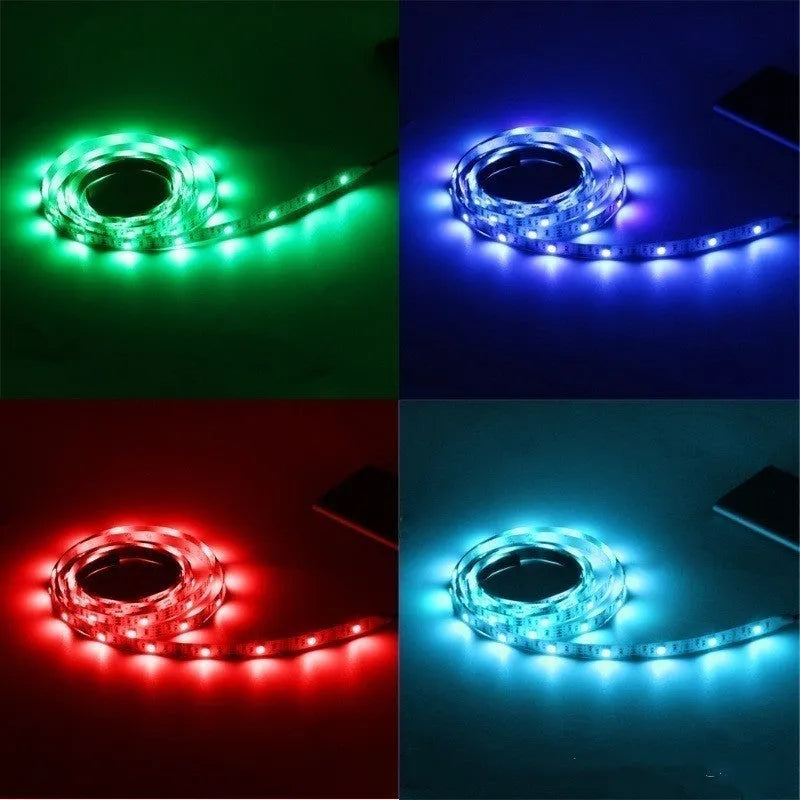 1 metre long USB-powered LED light strip showing multiple colour options including white, blue, and red LEDs.