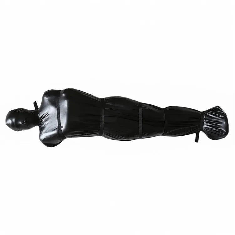 Black patent leather bondage clothing set with full body wrap and six ratchet tie-down straps