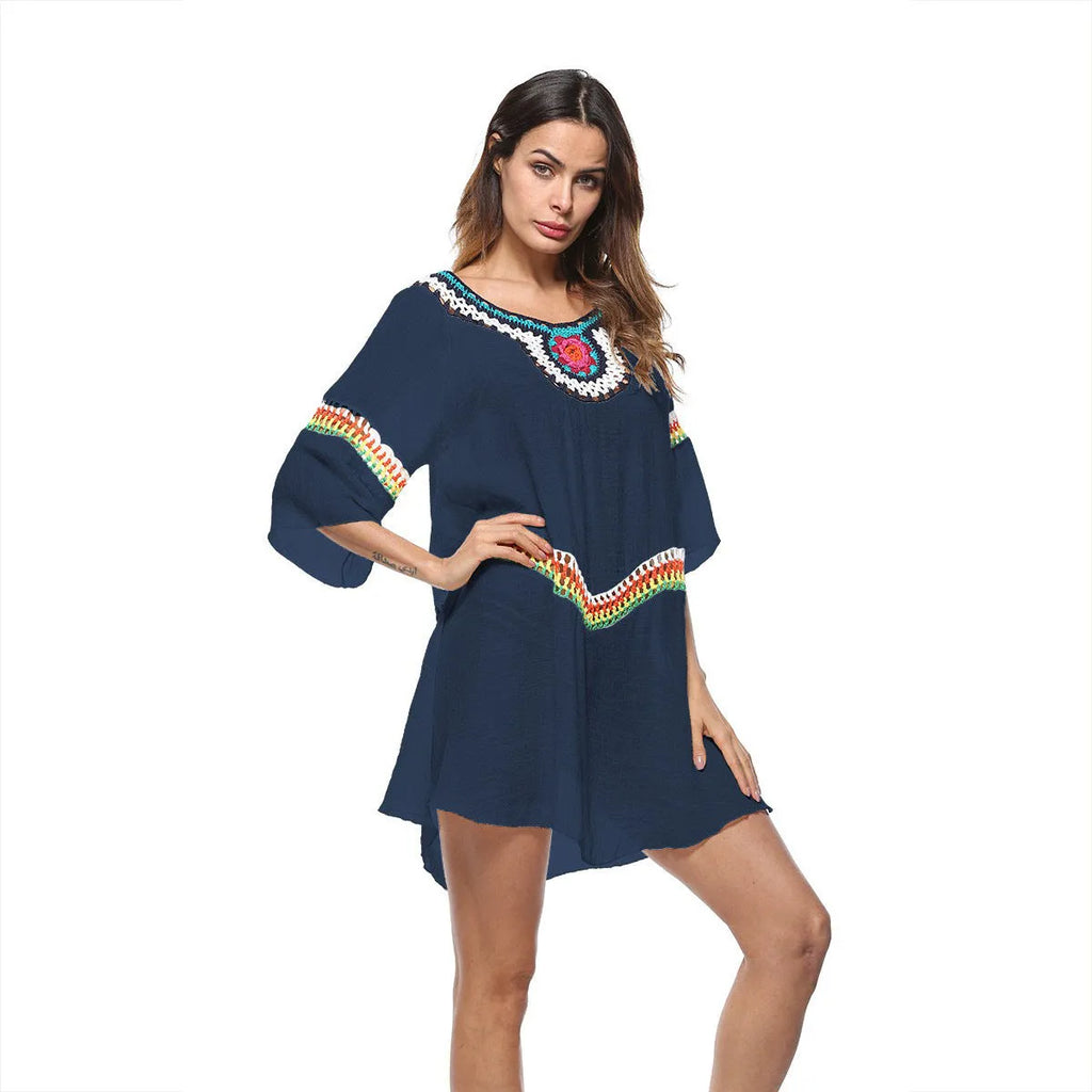 Crocheted ethnic style beach cover-up clothing for women in acrylic polyester fabric