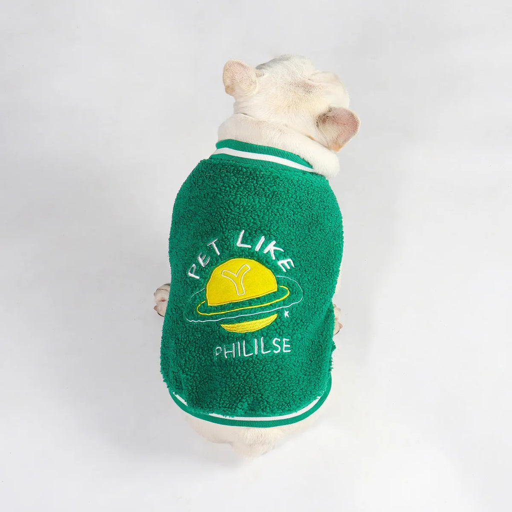 Green fleece-lined winter dog clothing coat in cotton fabric available in multiple sizes