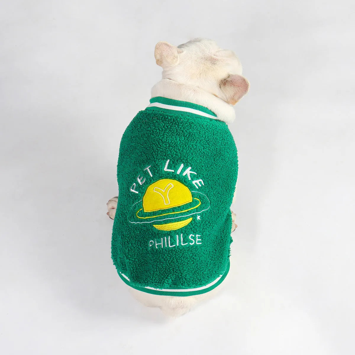 Green fleece-lined winter dog clothing coat in cotton fabric available in multiple sizes