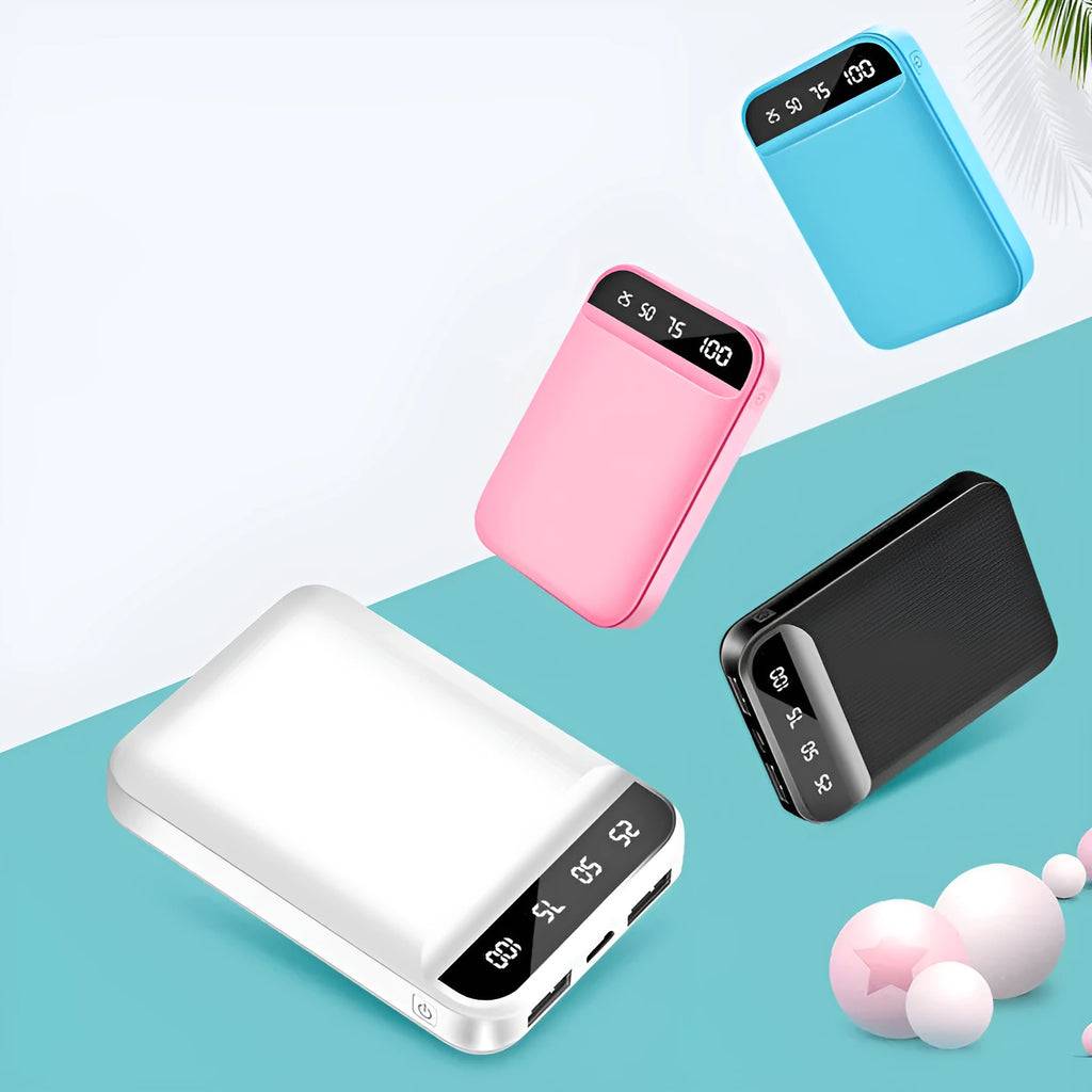 Compact mini power bank in black, blue, pink or white with dimensions 93mm by 63mm by 22mm