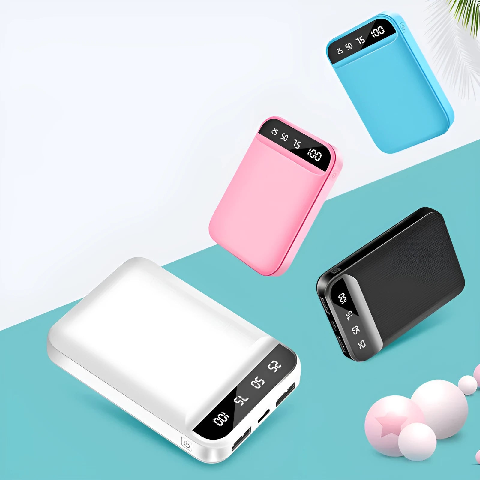 Compact mini power bank in black, blue, pink or white with dimensions 93mm by 63mm by 22mm
