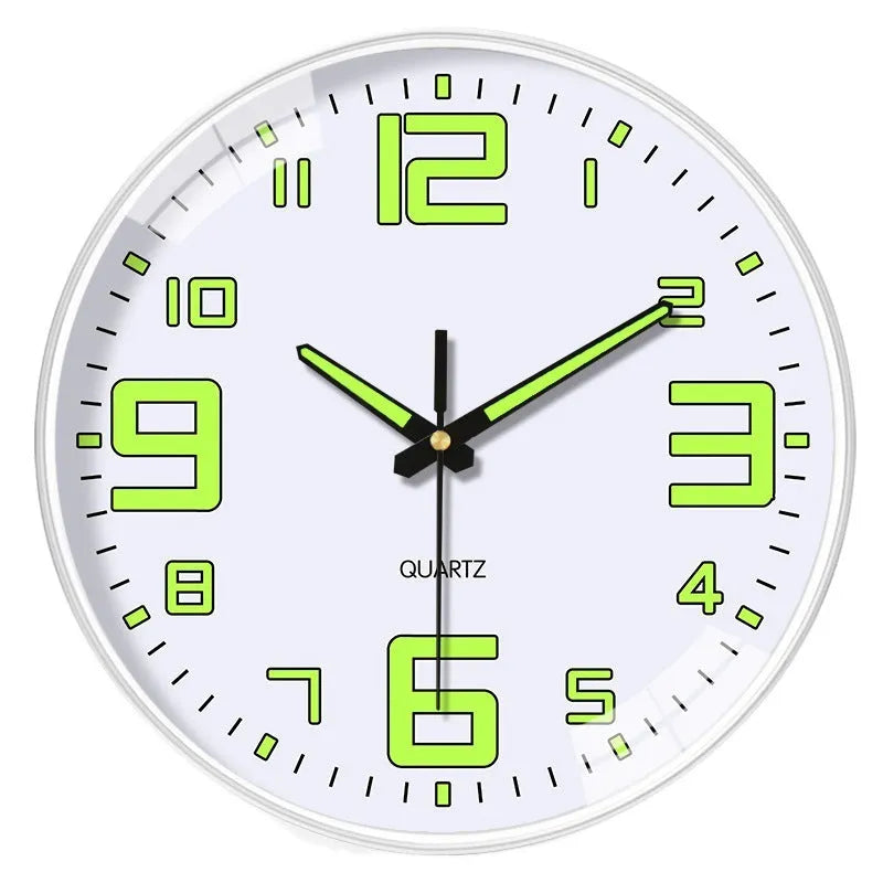 20cm diameter modern wall clock with luminous dial showing plastic construction and contemporary design