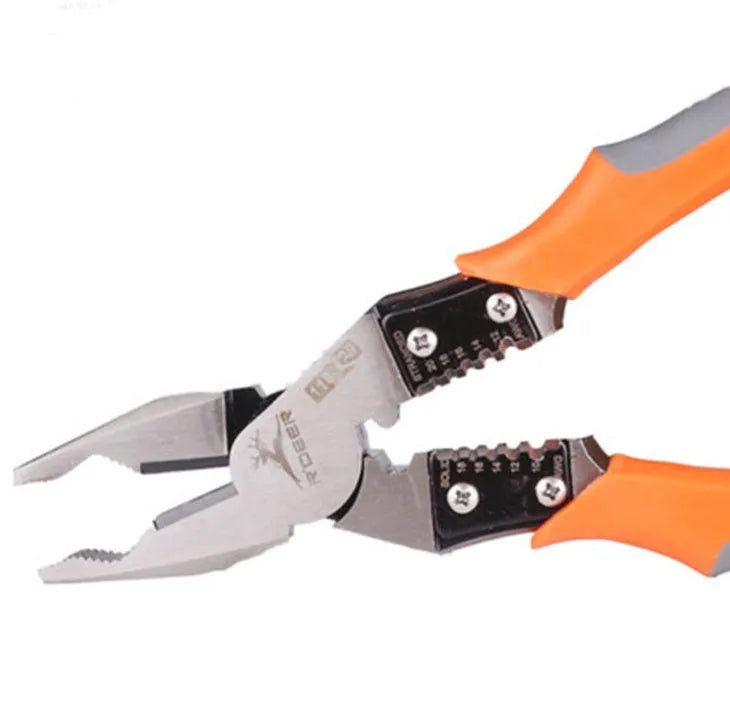 Orange-handled multi-function wire cutter pliers with forged steel jaws for cutting and stripping wire