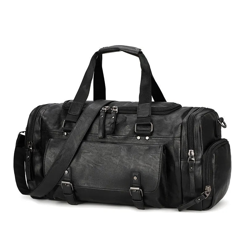 Black PU fabric travel duffle bag with a separate shoe compartment, shown with dimensions 52cm by 19cm by 27cm.