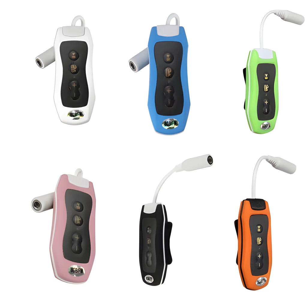 IPX68 waterproof Bluetooth MP3 sports headset in colours black, blue, green, orange, pink, white.