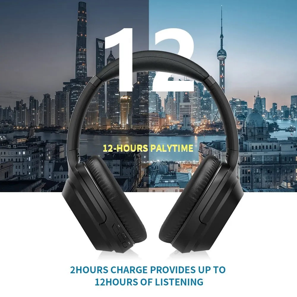 Black Gorsun E98 over-ear Bluetooth headphones with memory-protein cushions on headband.