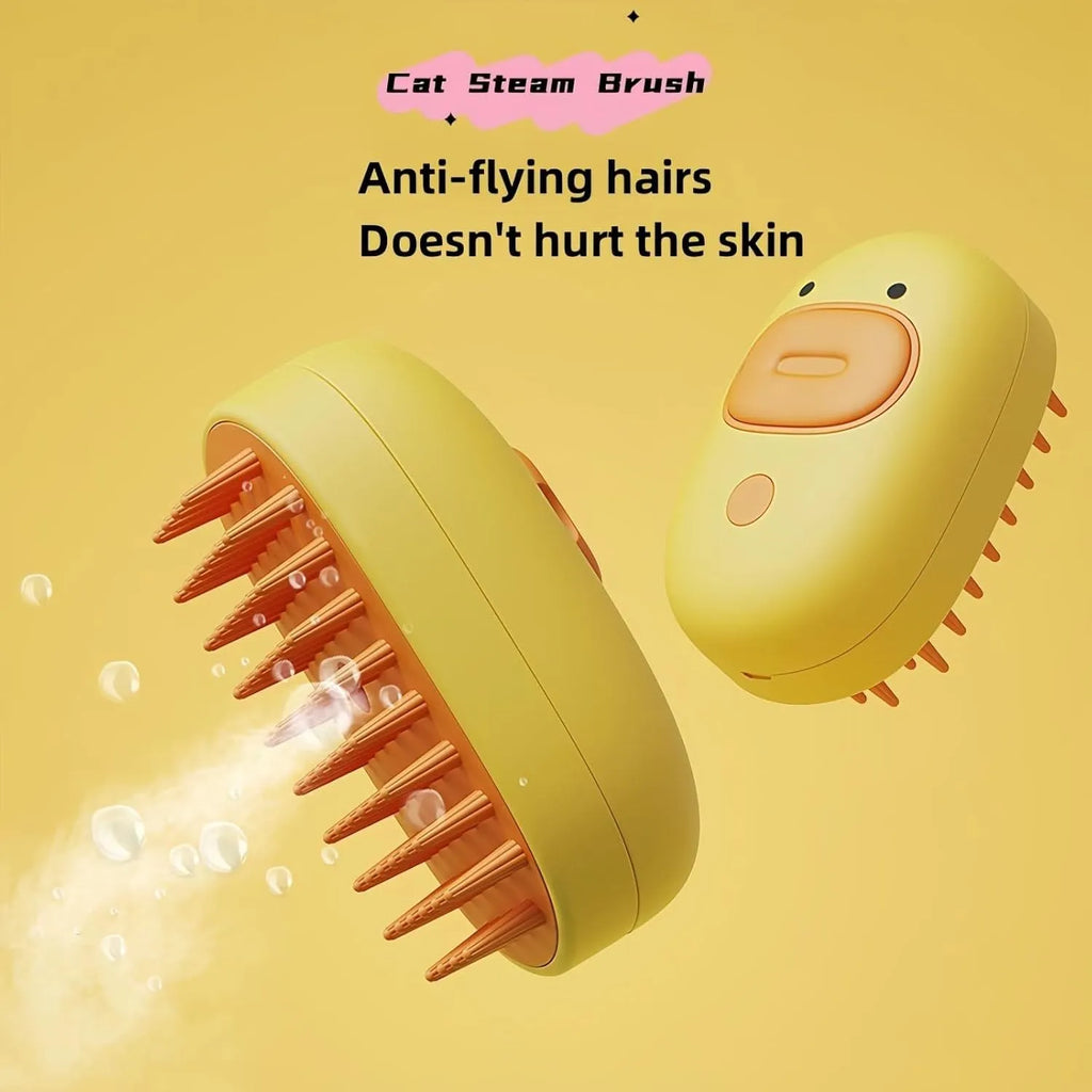 White and yellow 3-in-1 rechargeable steam grooming brush for cats and dogs with rubber comb teeth