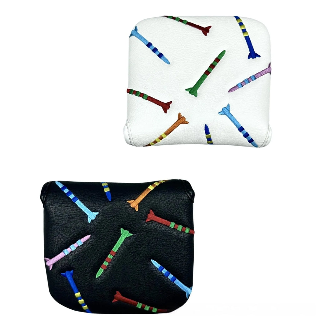Black golf putter protective sleeve with white rocket pattern design for square club heads.