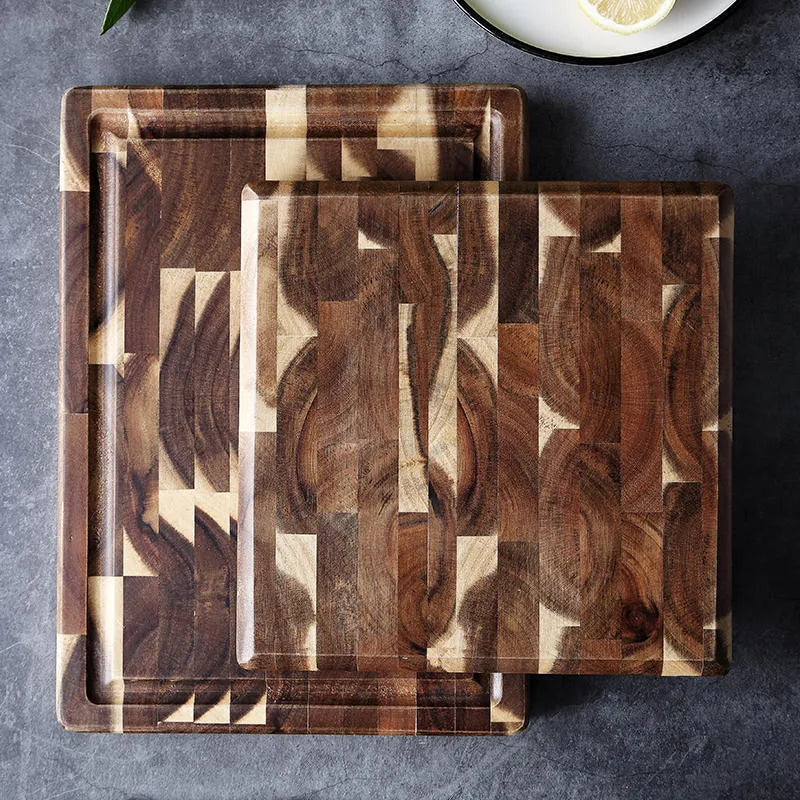 Brown acacia solid wood chopping board with parquet pattern, showing 3cm side thickness.