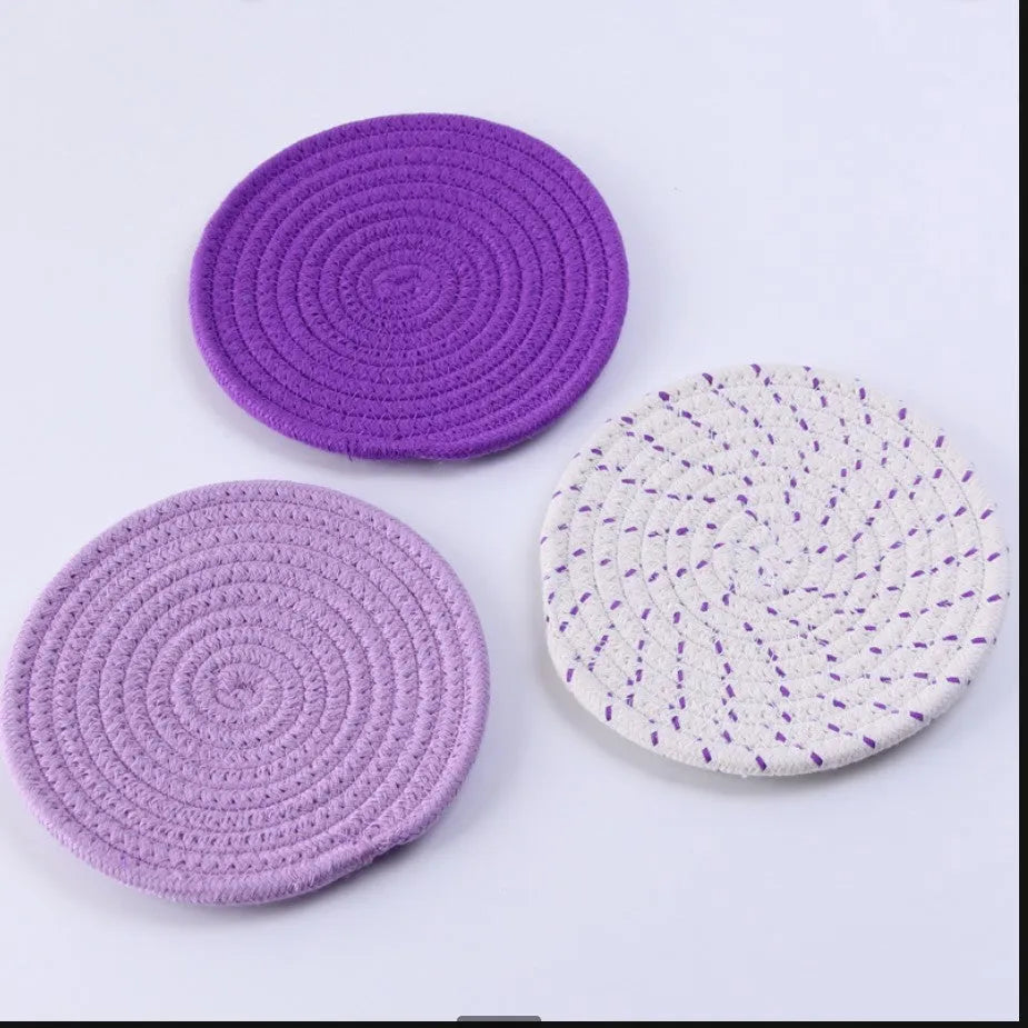 Three round cotton cord coasters in modern simplicity style with 18cm diameter