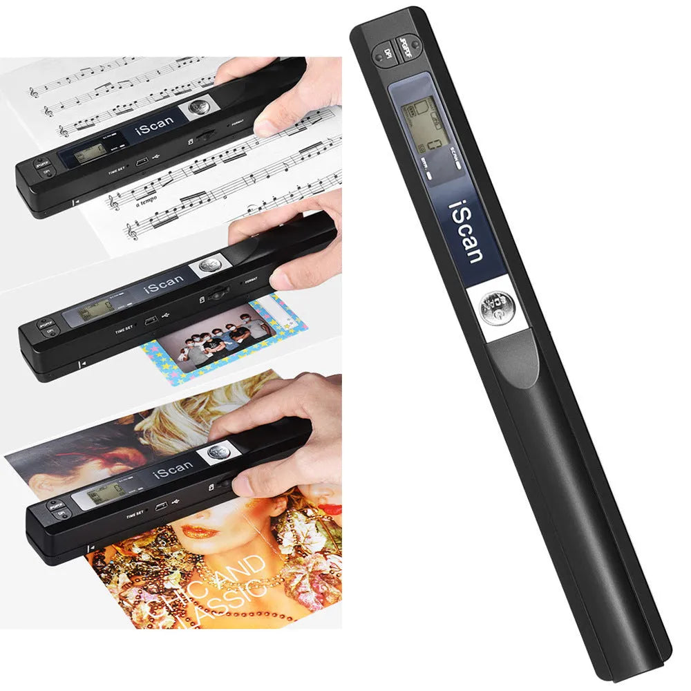 Plastic handheld USB document scanner on a desk next to papers.