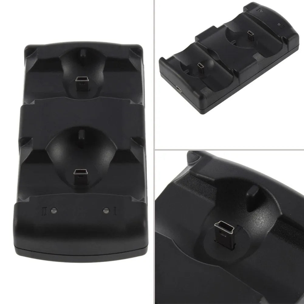 Black plastic PS3 dual controller charging dock with USB cable