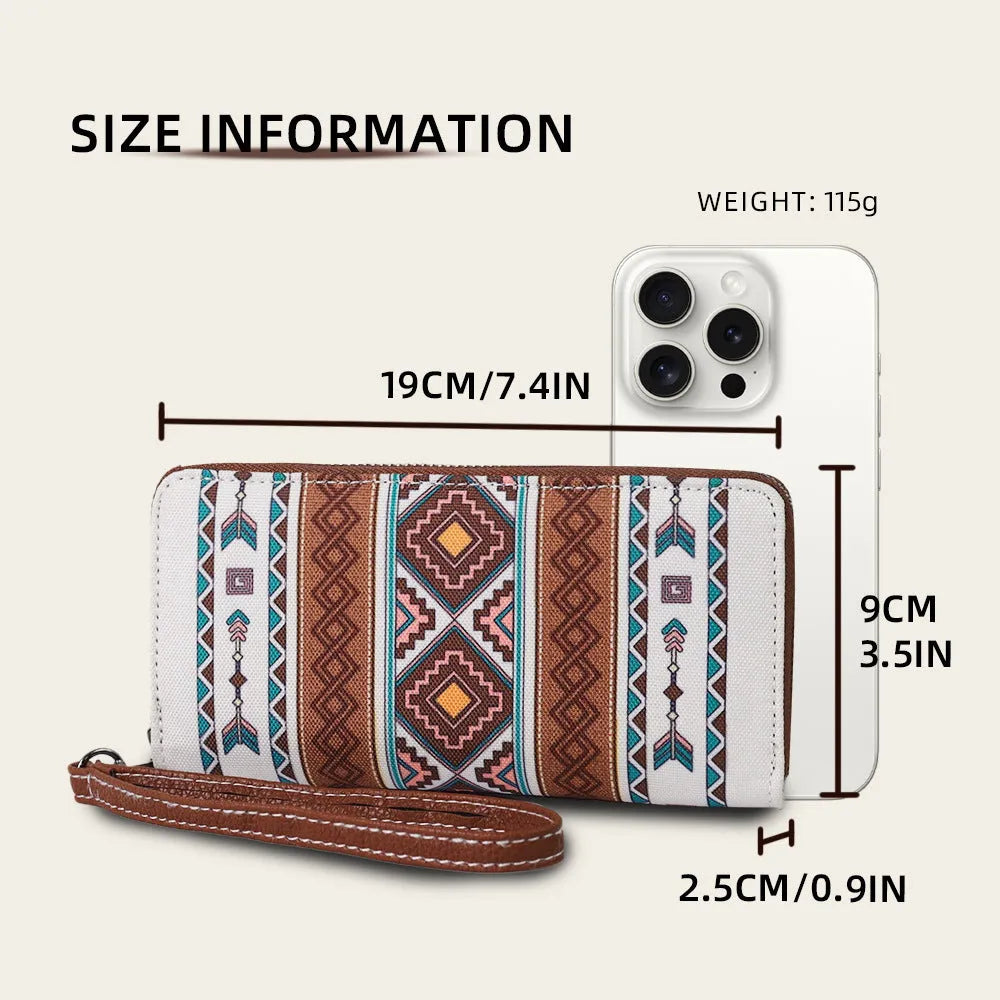 Bohemian wind belt RFID wallet in canvas with stripe patterns showing 20x10x2cm dimensions