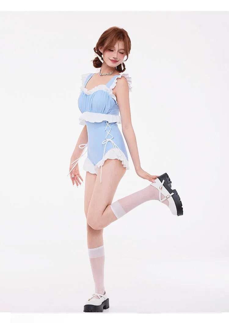 Light blue lace high waist backless one piece swimsuit on mannequin