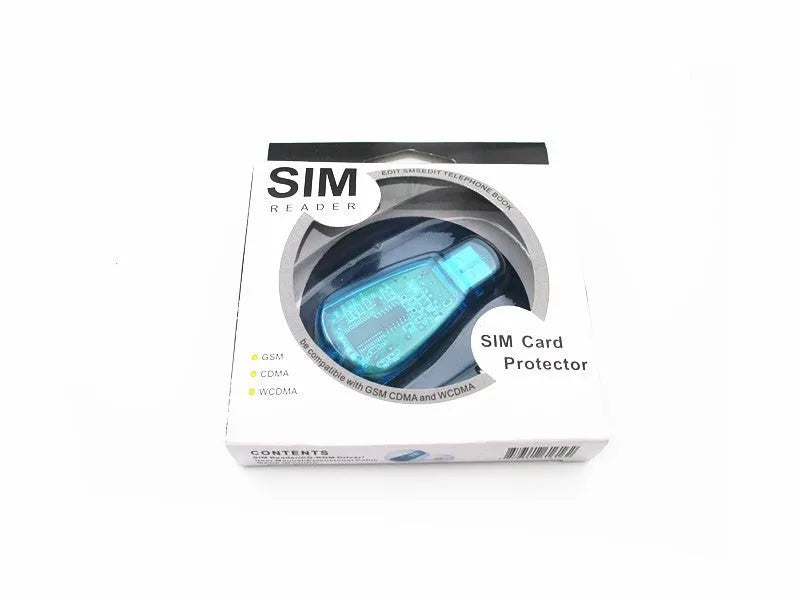Blue external USB SIM card reader for mobile phone data transfer on a white background