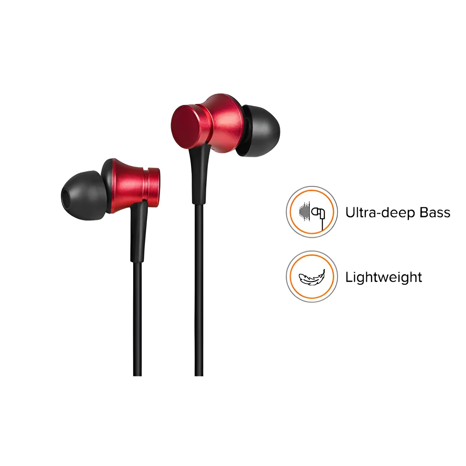 Piston-style wired in-ear headphones with a 3.5mm plug, shown in black, blue and red colour options.
