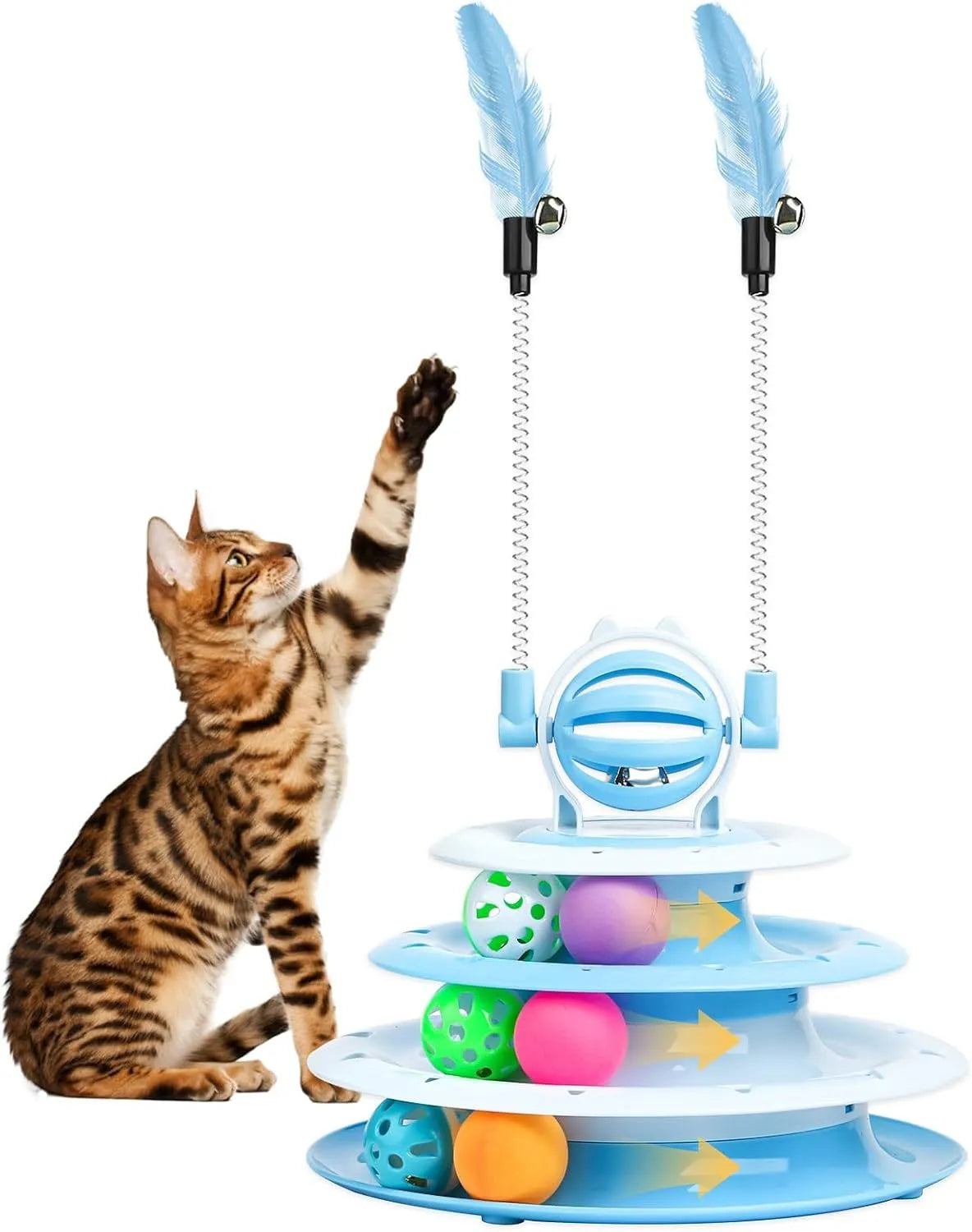 Blue 4-tier interactive cat puzzle toy with sliding balls and teasing rods on non-slip base