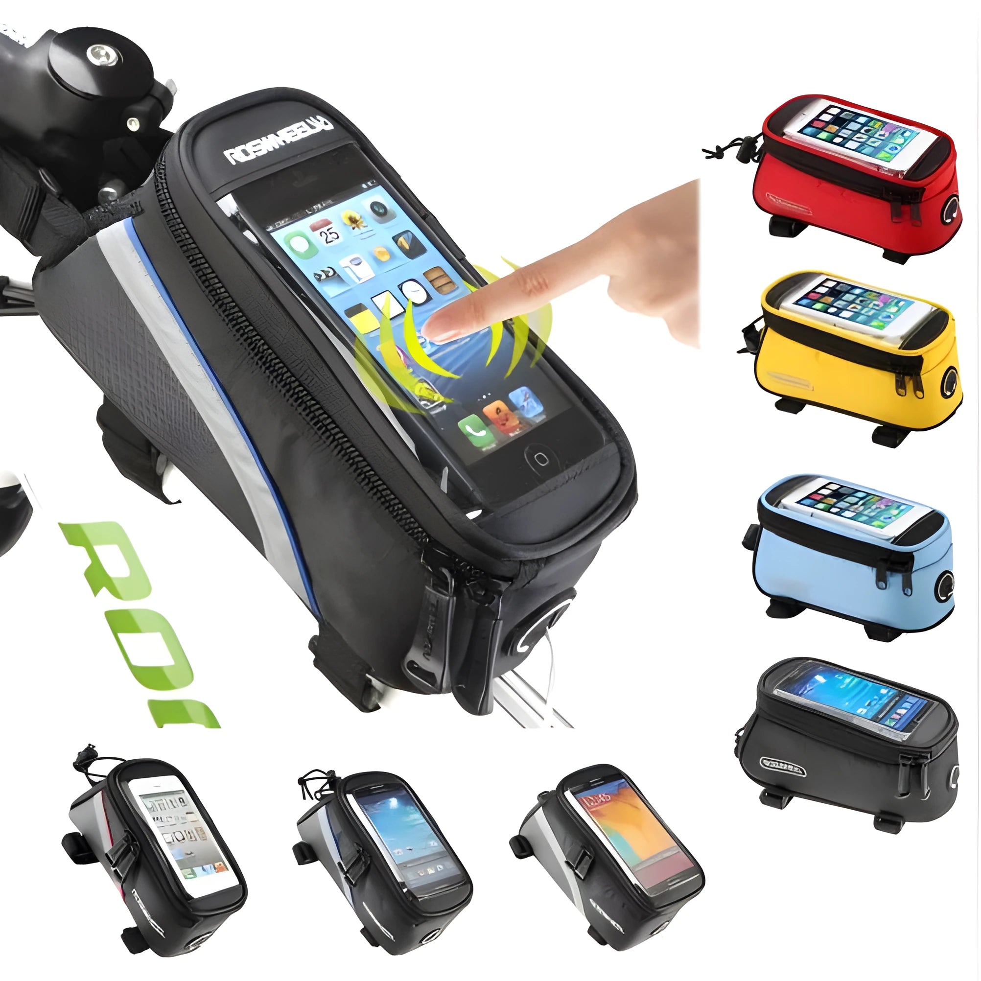 ROSWHEEL black bicycle frame phone bag attached to bike with iPhone inside