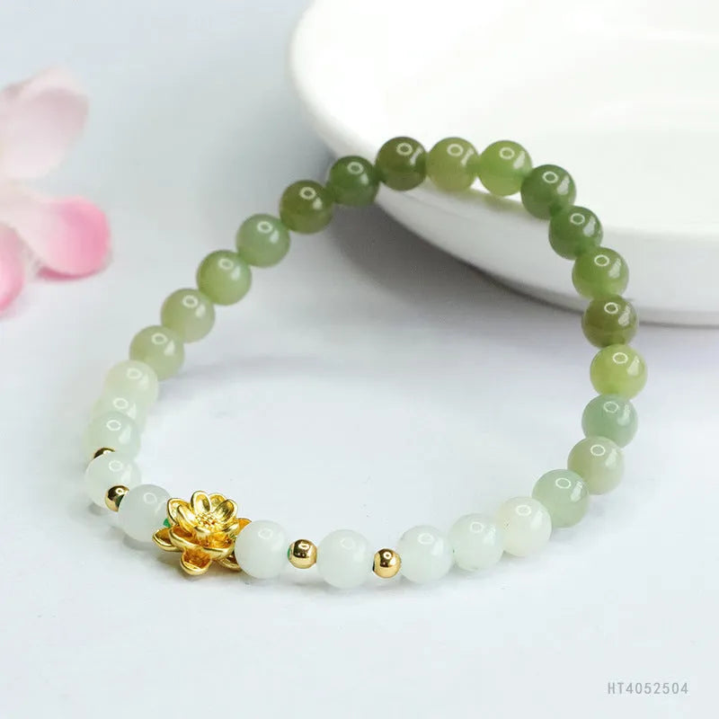 Hand-woven water gradient Hetian jade bracelet with 6mm flower beads in ancient national style