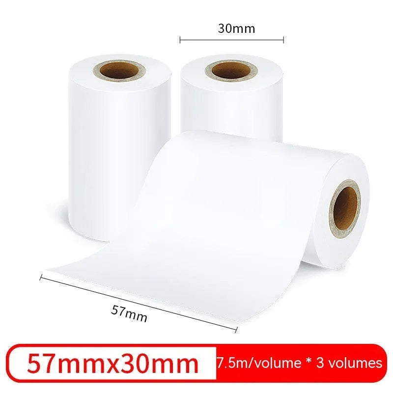 A box containing three rolls of white 57mm by 30mm thermal paper for small printers.