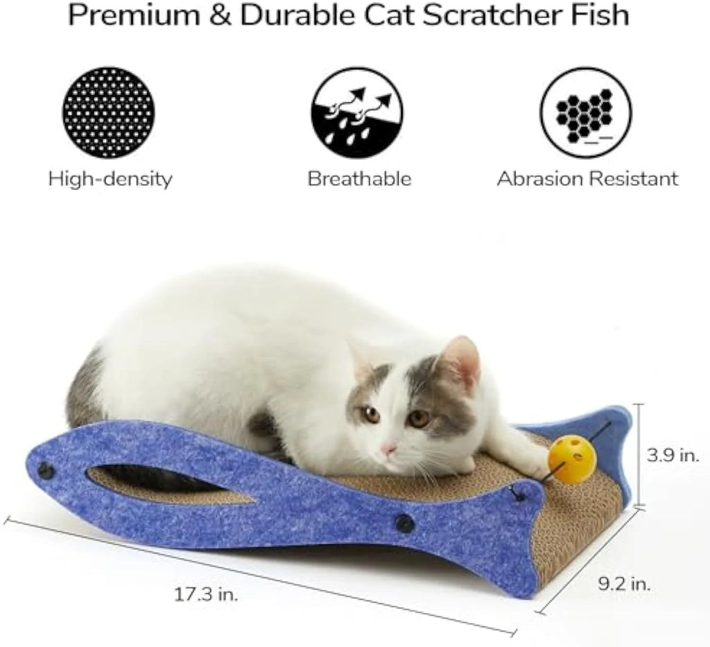 Blue fish-shaped cardboard cat scratcher lounge with bell ball toys on an elastic cord.