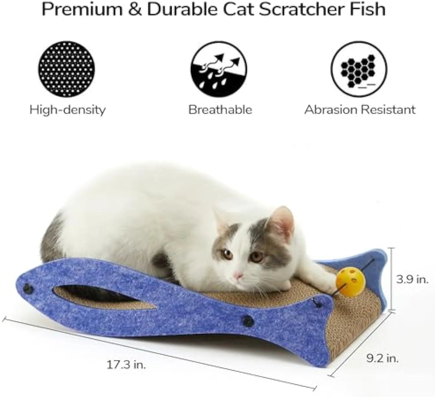 Blue fish-shaped cardboard cat scratcher lounge with bell ball toys on an elastic cord.