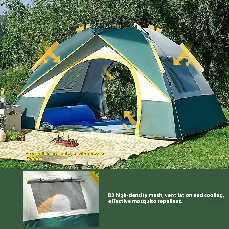 Dark green silver glue automatic camping tent for 3-4 people with fibre glass poles and storage bag
