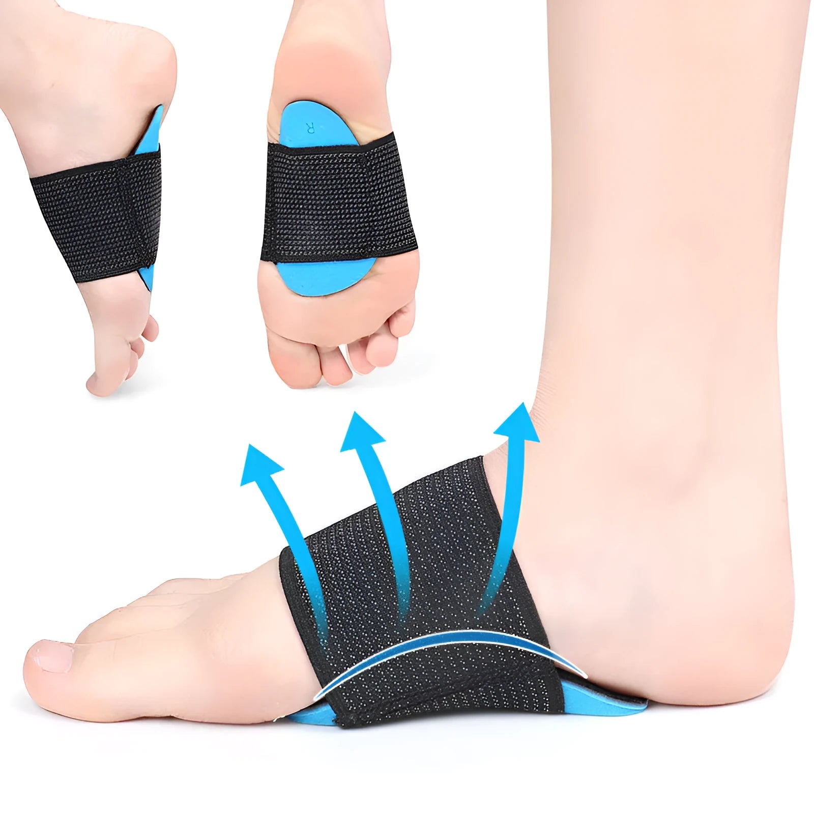 Blue elastic bandage foot pad with arch support for adult and children sizes