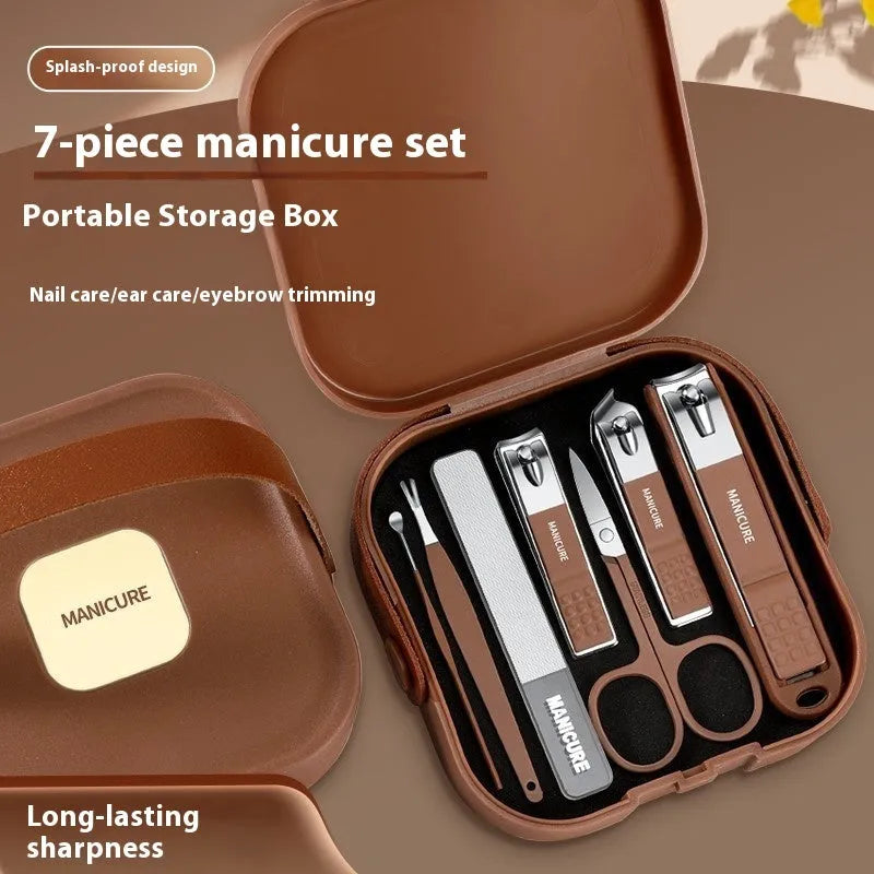 Anti-splash portable household fingernail maintenance kit showing multiple nail tools in brown, white and green colours