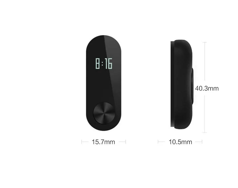 Black Xiaomi Mi Band 2 fitness tracker with OLED screen on a wrist.