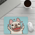 Custom cartoon design on a thickened black mouse pad with stitching, shown on a desk.
